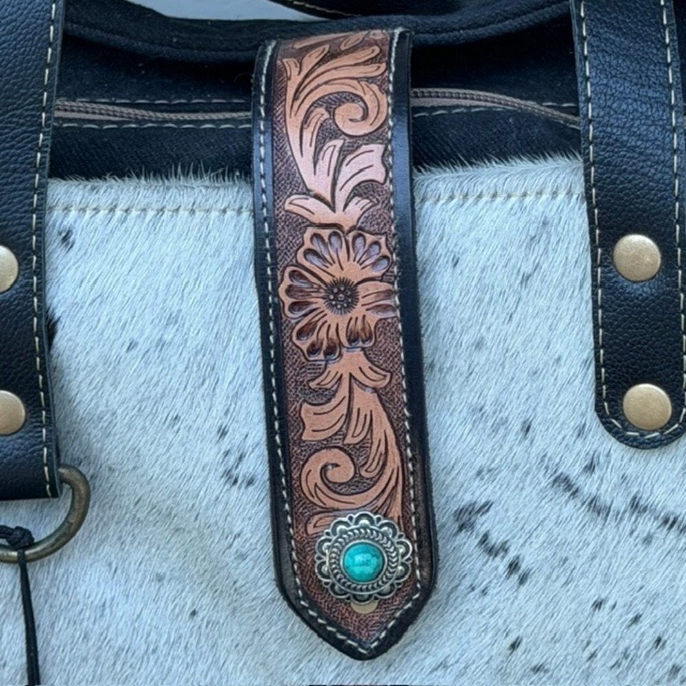 Myra Bag Comely Hand-Tooled Leather Cowhide Canvas Tote Bag Black S-5281 NWT - Picture 3 of 11